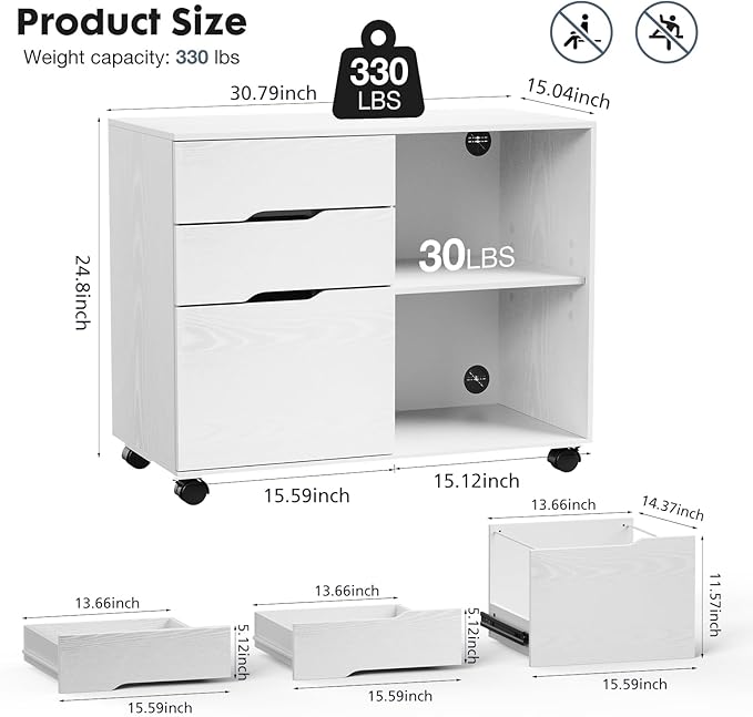DUMOS File Cabinet with 3 Drawers, Wood Under Desk Storage Printer Stand | Rolling Lateral Filing Cabinet with Adjustable Shelves for Home Office Study Organizatiom, Classic White