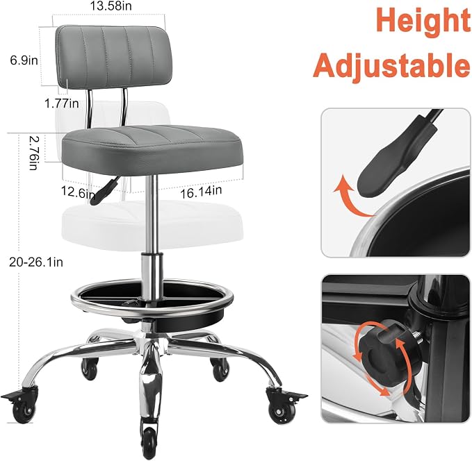 Garage Mechanic Stool with Backrest, Height Adjustable Heavy Duty Swivel Task Chair, Rolling Workshop Stool with Tool Tray Storage, Mechanic Chair for Garage, Shop, Auto Repair (Grey)