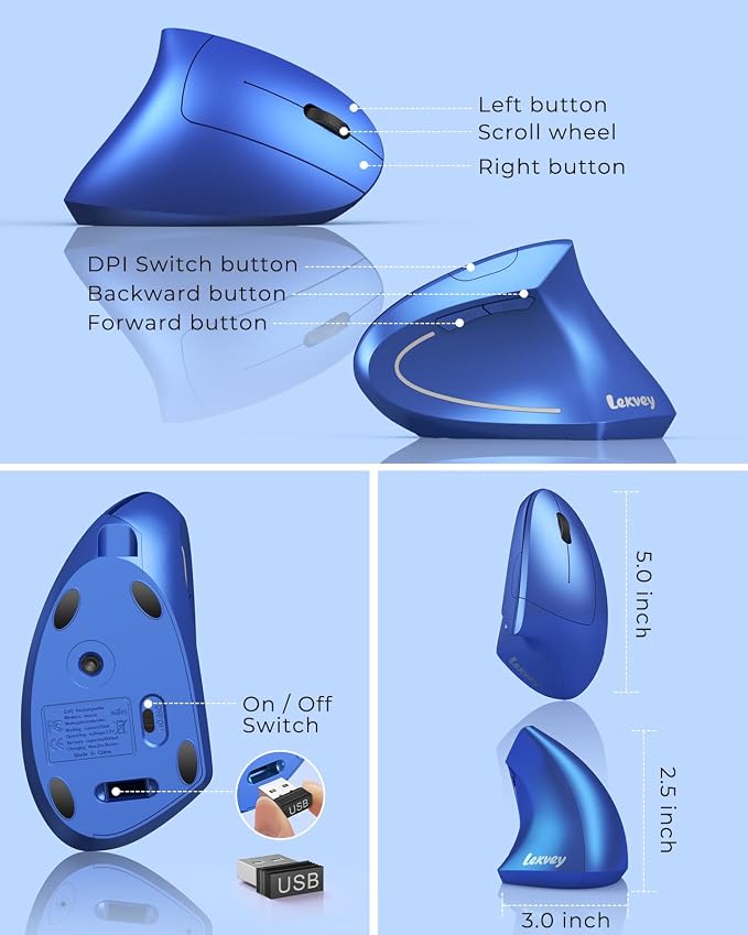Lekvey Ergonomic Mouse, Vertical Wireless Mouse Rechargeable 2.4G USB Optical Carpal Tunnel Mice : 3 DPI 800/1200/1600 Levels 6 Buttons, for Laptop, PC, Mac, Computer, Desktop, Notebook etc, Blue