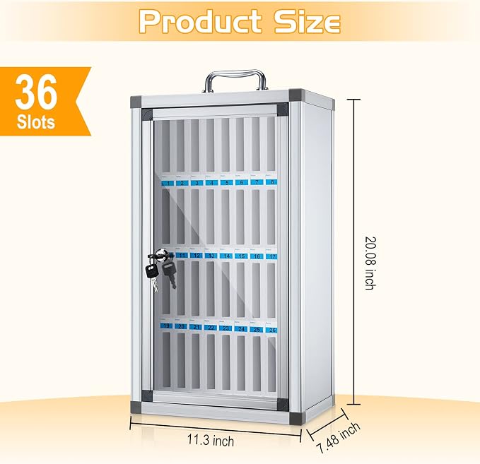 Amylove 36 Slots Cell Phone Locker Cabinet Aluminum Alloy Pocket Chart Storage Locker Box Cabinet Wall-Mounted Cell Phones Storage Box with Handle for Office Classroom Gym(White)