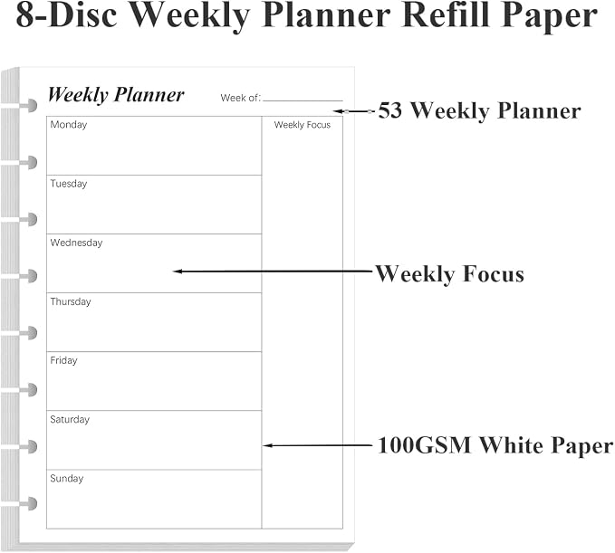 Weekly Planner Undated Refills - Junior Size 53 Sheets/106 Pages Weekly Planner for 8-Disc Discbound, 100 gsm White Paper, Lasts 1 Year, Undated, 5.8" x 8.3", Black
