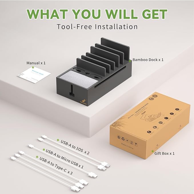 Pezin & Hulin Bamboo Cable Management Box, No Power Adapter -Black | Wire Organizers for Cords, Charge Station Box, Desktop Dock Organizer Rack for Electronic Device (Include 6 Cables)