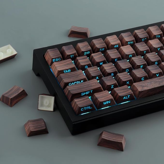 Tsungup Custom Keycaps 75 Percent,PBT Side Print 136 Keys Retro Brown Key caps Wooden Walnut Textures Keycap Set,Shine Through Duy Sub Cherry Profile Keyboard Keycaps
