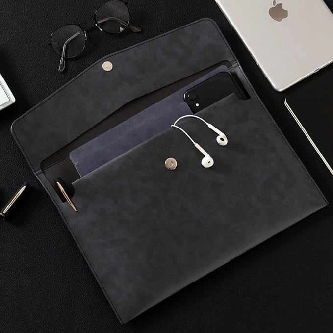 VANRA 1 Piece File Folder Organizer PU Leather File Jackets Document Holder Project Pockets with Magnetic Closure Button and Inner Bag for A4 Letter Size Paper (Black)