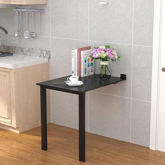 Wall Mounted Folding Table 29.5x15.7 inch, Drop-Leaf Dining Table for Small Spaces, E0-Grade Solid Wood Murphy Table with 132lbs Capacity, Space-Saving Desk for Kitchen Office (Black)