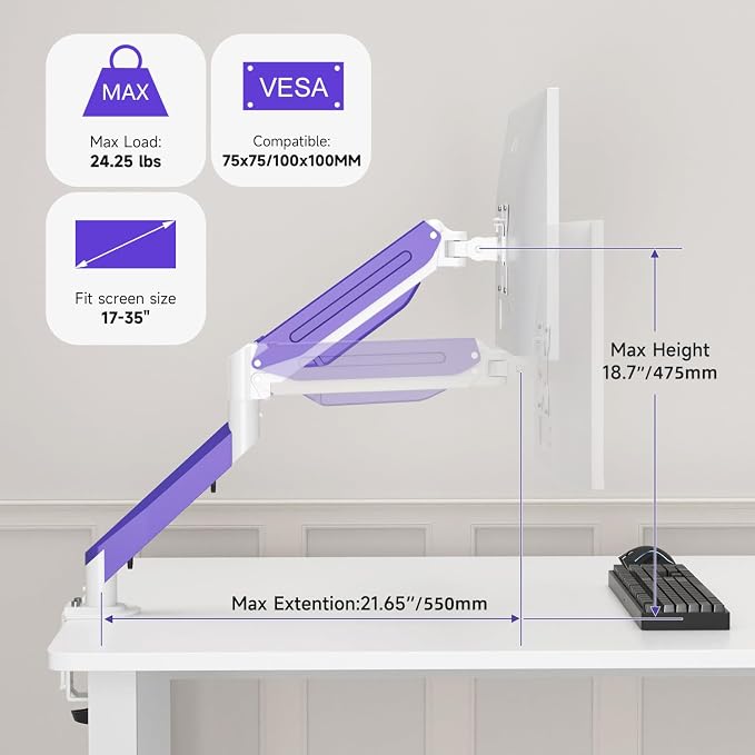 Suptek Monitor Mount Gas Spring Monitor Arm Desk Mount Fully Adjustable Fits 17 20 22 23 24 26 27 32 35 inch Monitors Weight Capacity up to 24.25 lbs (White+Purple, 17"-35")