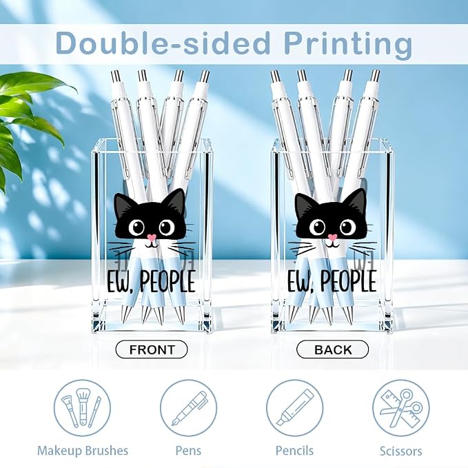 Ew People Acrylic Cosmetic Pencil Pen Holder, Funny Black Cat Pencil Holder for Desk, Desk Accessories for Coworker, Sarcastic Office Gifts for Colleague, Birthday Leaving Gifts Pen Organizer