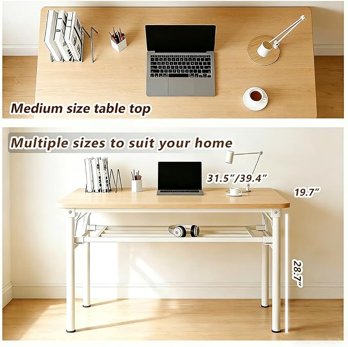 Folding Desk for Small Spaces, 39.4 Inch Foldable Computer Desk, No Assembly Required, Space Saving Portable Study Table for Compact Home Office, Bedroom, Dorm, Apartment, Teak&White