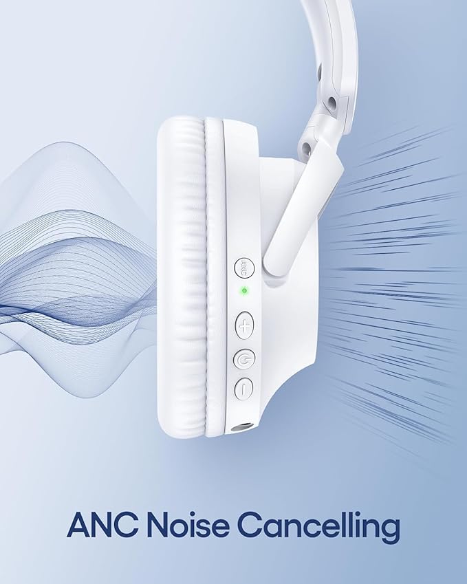 TAGRY Hybrid Active Noise Cancelling Headphones 100H Playtime Wireless Over Ear Bluetooth Headphone with Fast Charging Hi-Res Audio Comfort Earcups Headsets for Travel Home Office Phone PC White