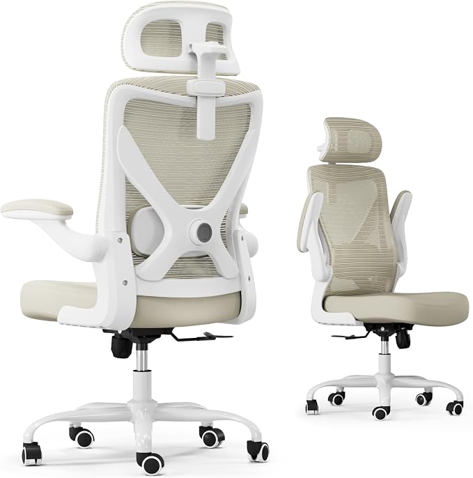 Ergonomic Office Chair: Mesh Desk Chair Comfy with Headrest& Lumbar Support | Ergalithic Big and Tall Office Chairs with Wheels & Flip-Up Arms-Computer Gaming Chairs for Adults Home Office Chairs(Beige)