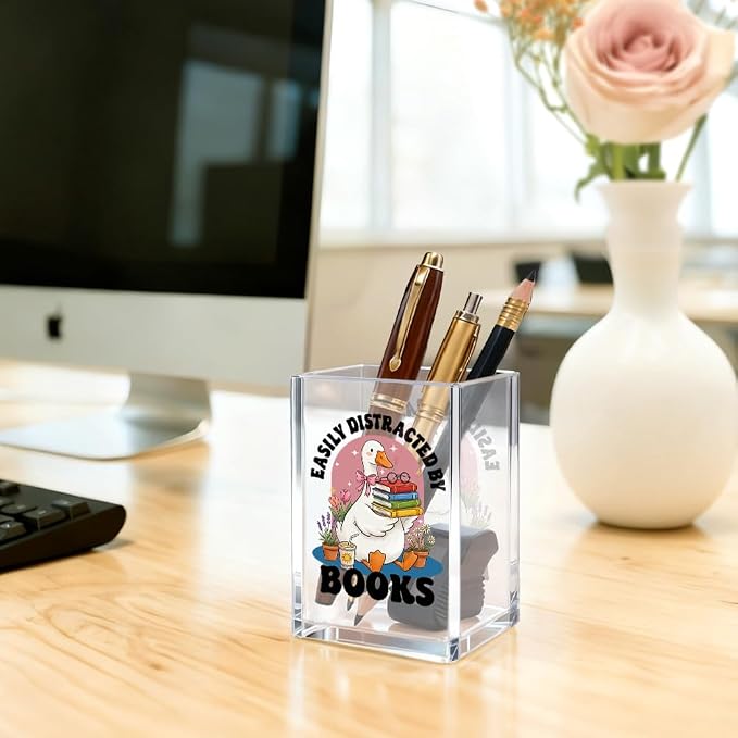 Easily Distracted By Books Acrylic Organizer Pencil Pen Holder, Cute Goose Book Stack Design Desk Storage Organizer, Bookworm Gifts for Book Goose Lover Bibliophile Librarian Books Club Member