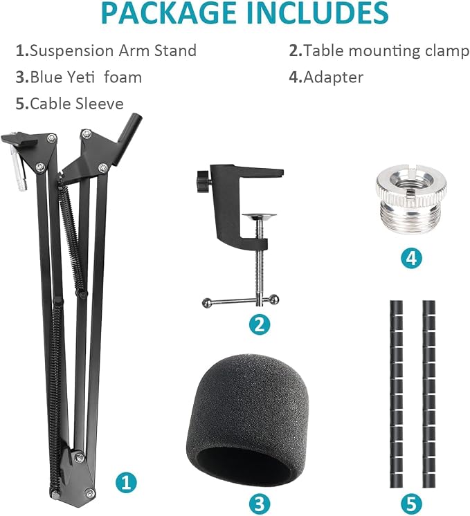 Blue Yeti Microphone Boom Arm Stand with Yeti Microphone Pop Filter, Compatible with Blue Yeti Mic, X USB Microphone with Cable Sleeve by SUNMON