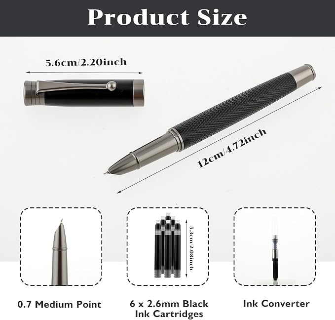 TIESOME Luxury Fountain Pen Set, Metal Fountain Pen with 6 2.6mm Ink Cartridges Smooth Writing Calligraphy Pens for Journaling Gift Office Business (0.7mm bent nib)