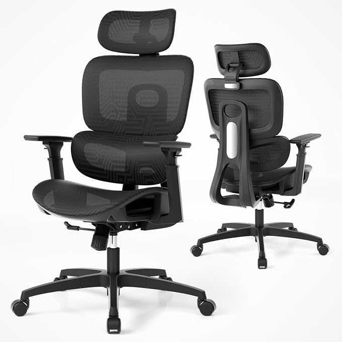 MoNiBloom Ergonomic Office Chair, High Back Mesh Desk Chair for Home, Black | with 3d armrest, high back desk chair, adjustable headrest, lumbar support, recline range from 90 to 145 degrees, L-Shape