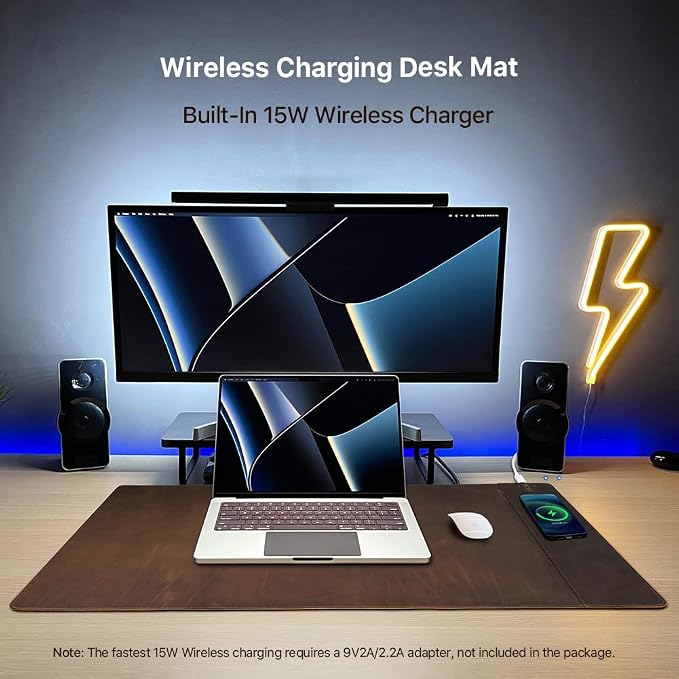 Hiram Crazy Horse Leather Desk Mat with 15W Wireless Charging - Waterproof and High-End Cowhide Texture for a Comfortable Office Experience(31in x 16in)