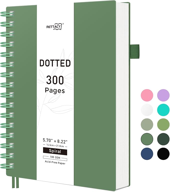 RETTACY Dotted Journal Notebook, 300 Pages, A5 Medium Size (5.7'' × 8.2''), 100 GSM Thick Paper, Flexible Plastic Cover, Spiral-bound, for Journaling, Planning, Tracking (Dark Green)