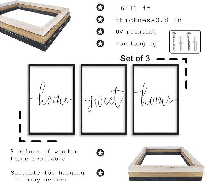 RLWangChao Home Sweet Home Sign Set of 3 Wall Art Decor 16"X11" Vintage Bedroom Above Bed Minimalist Modren Living Room Wooden Framed Warm And Cozy Family Wall Hanging Decoration (Black)