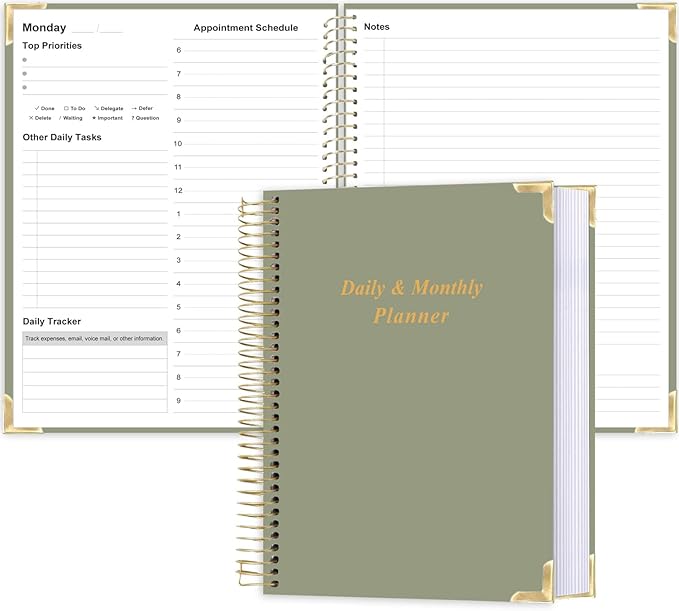 Undated Daily Monthly Planner for 2026 or Anytime - A4 To Do List with Hourly Schedule, Hardcover Spiral Bound Daily Planner to Increase Focus, Stylish School/Office Supplies, 8.5" x 11", Green