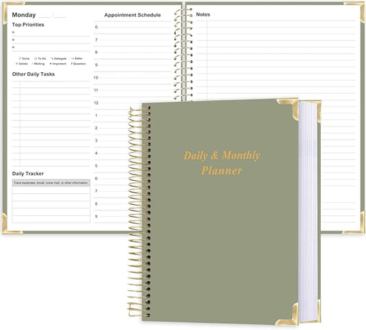 Undated Daily Monthly Planner for 2026 or Anytime - A4 To Do List with Hourly Schedule, Hardcover Spiral Bound Daily Planner to Increase Focus, Stylish School/Office Supplies, 8.5" x 11", Green