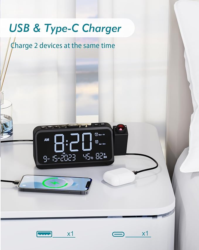 Roxicosly Projection Alarm Clock for Bedroom Ceiling, 118 dB Super Loud for Heavy Sleepers, Plug in Dual Alarm with Weekday/Weekend, 6.7" Large Digital Dimmable Display, Easy to Read