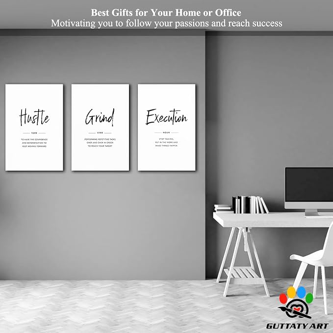 Office Wall Art - 3 Panel Motivational Wall Art, Inspirational Quotes Canvas Art for Home Office Wall Decor, Positive Quotes Wall Decor, Entrepreneur Grind Hustle Execution Poster Frame (24”x36”x3Pcs)