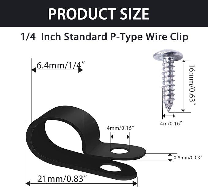 mankk 100PCS 1/4 Inch Rope Light Clips P-Style Mounting Clips Plastic Cable Clamps with Compatible Stainless Steel Pan Head Phillips Screws for Wire Management M-034-BK-LS