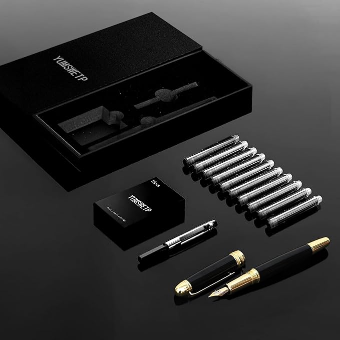 Luxury Fountain Pen Gift Set For Writing Smooth, Fine Nib, Includes Refillable Ink Converter &10 Black 3.4mm Ink Cartridges Metal Pen,Journaling Fancy Pen