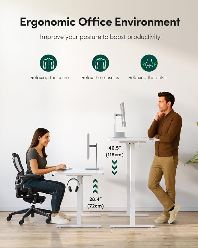 CubiCubi 48 x 24 Large One-Piece Standing Desk, Adjustable Height Electric Computer Home Office Sit Stand up Workstation, with 4 Memory Presets, Headphone Hook, White
