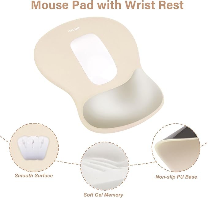 MOSISO Wrist Rest Support for Mouse Pad&Keyboard Set, Ergonomic Mousepad&Coaster, Non-Slip Base Home/Office Rectangular Easy Typing Cushion Pad with Soft Cloth&Curved Concave Memory Foam, Khaki