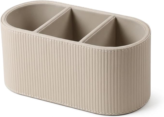 Elegant PU Leather 3-Compartment Desktop Organizer - Stylish Pen Holder & Stationery Storage Box with Vertical Texture, Creamy Beige for Home Office