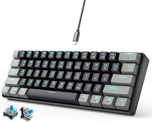 abucow 60% Mechanical Gaming Keyboard Blue Switch Wired Compact Keyboard Anti-Ghosting No-Conflict 61 Swappable keycaps Ergonomic Design for Windows/Mac (Gray-Black)