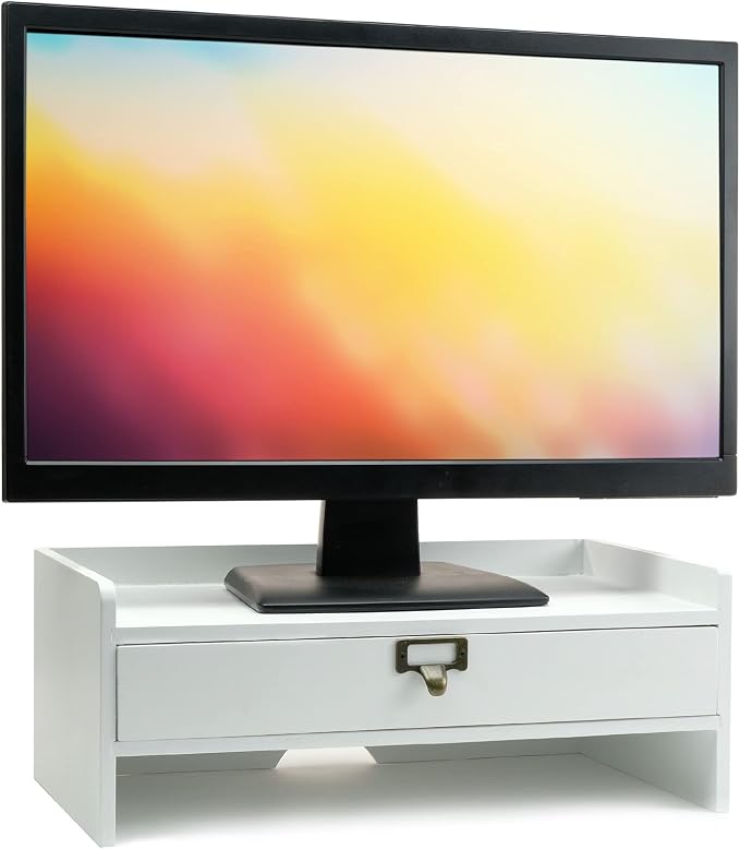 EXCELLO GLOBAL PRODUCTS Wooden Monitor Stand: Includes Drawer for Desktop Organization of Notebooks, Pens, Pencils & Office Supplies (White)