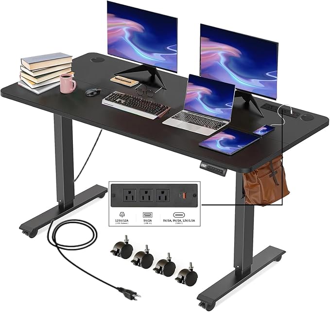 Electric Standing Desk with Power Outlets and USB-C Port, 55 x 24 Inches Adjustable Height Sit Stand Up Desk for Home Office, Adjustable Desk with Memory Preset and Wheels, Black