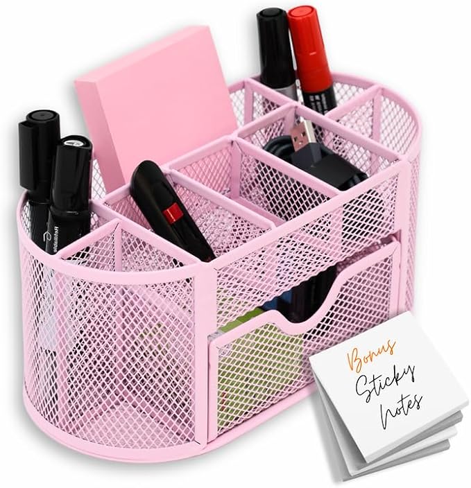 Modern Minimalist 9-Compartment Pink Desk Organizer - Pen Holder with Drawer Tray - Office Supplies Organizer