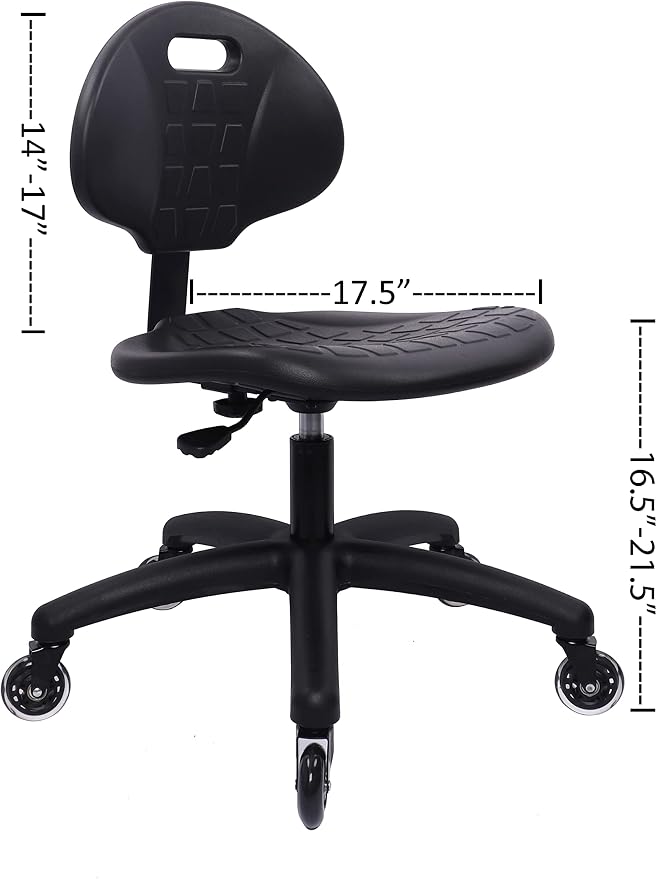Table Height Chair/Stool-Easy to Clean! Deluxe Ergonomic Polyurethane Chair. 5" of Height Adj (16.5"-21.5") 450 lb Capacity. Automotive, Lab, Garage, Home, Office (Rubber Roller, Black)