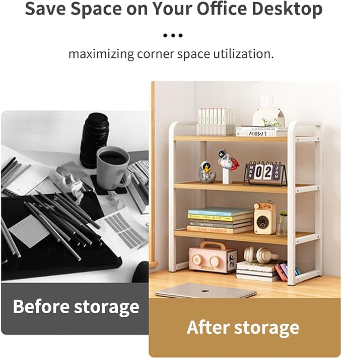 Office Desk Shelf Organizer, Wood Desktop Bookshelf Supplies Storage Rack, Shelf for Top of Desk and Dresser and Cubicle Decor Aesthetic Bookshelf (Black Wood-three Tier, 15.75 Lx7.87 Wx22.05 H)
