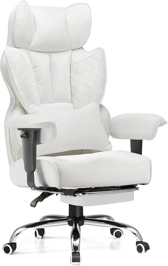 GTPLAYER Big and Tall Gaming Chair 400lbs Heavy Duty Office Chair with Foot Rest & Ergonomic Pocket Spring Lumbar Support, High Back 3D Saddle Shaped Cushion for Back Pain Relief, White