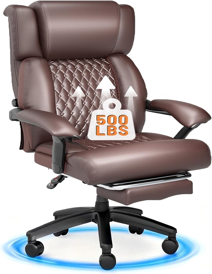 HOMREST 500lbs Big and Tall Office Chair, Ergonomic Heavy Duty Chair with Adjustable Lumbar Support & Backrest, Executive Leather Office Chair with Wide Armrests and Wheels (Brown)