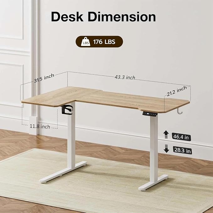 Acrolix L Shaped Electric Standing Desk - 43x31.5 Inch Reversible Corner Sit Stand Desk with Hook&Cup Holder,Electric Height Adjustable Table,for Small Home Office&Bedroom Computer Desk, Oak
