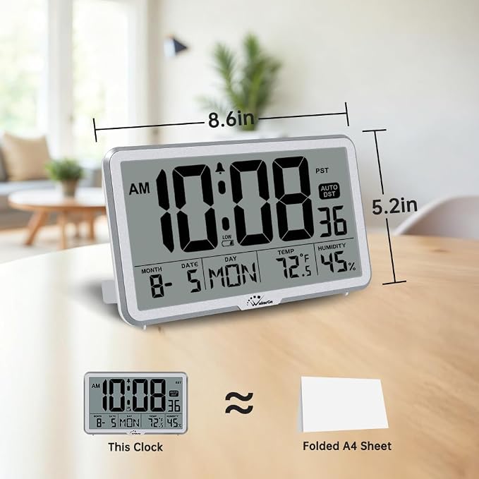 WallarGe Auto Set Digital Wall Clock Battery Operated, Auto DST | Desk Clock with Temperature, Humidity and Date, Large Display Digital Calendar Alarm Clock for Bedroom, Office, Classroom