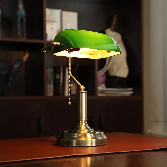 TORCHSTAR Green Glass Bankers Desk Lamp with Pull Chain, E26 Base | Brass Finish Base, Antique Traditional Library Lamp for Office Study Room, Bulbs not Included