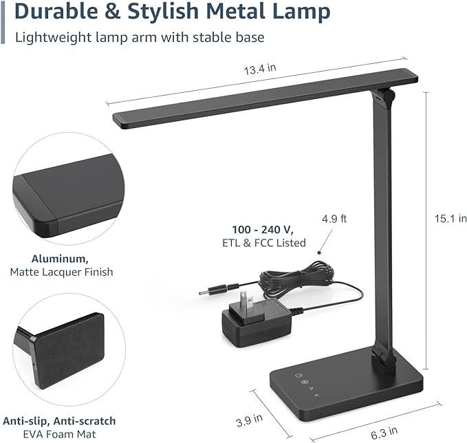 Lepro LED Desk Lamp for Home Office, 9.5W 750LM Metal Touch Control Desk Light, 5 Color Modes 5 Brightness Level, Eye Caring Task Lamp For Reading, Sewing, Crafts, School Supplies, Puzzle Light, Black