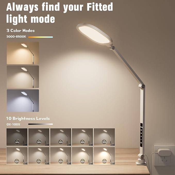 LED Desk Lamp for Home Office with C- Clamp | Swing Arm, Memory, Timer, 30 Dimmable Modes, Computer Light for Video Calls, Zoom Meeting, Conference, Streaming, Podcasting