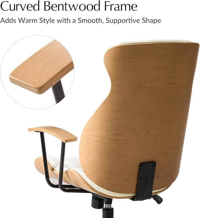 HULALA HOME Solid Wood Office Chair with High Backrest, Ivory | Mid Century Modern Bentwood Desk Chair with Tilt Function, Swivel Fabric Computer Task Chair, Height Adjustable, Metal Base
