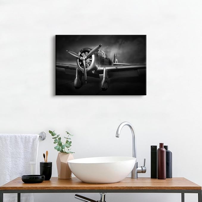 Vintage Airplane Wall Art for Living Room Black and White Propeller Aircraft Pictures Wall Decor Boys Room Decorations Plane Engine Canvas Prints Aviation Military Artwork Bedroom Home Office 16x24"