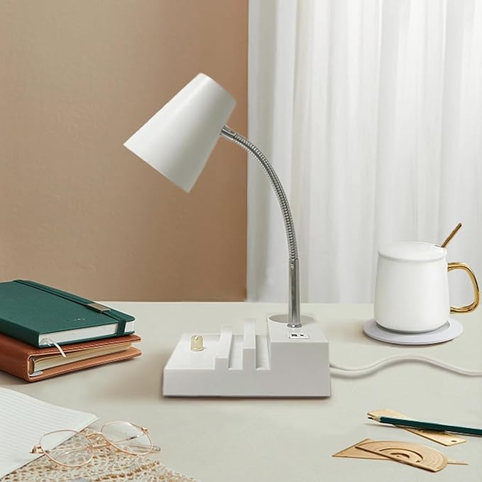 Study Desk Lamp with USB Charging and Type-C Night Light, Gooseneck LED Table Lamp Stepless Dimming Study Table Lamp with Pen Holder for College Dorm Bedroom and Office (White)