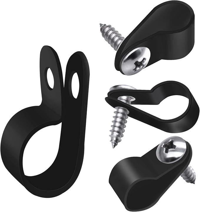 mankk 100PCS 3/8 Inch Rope Light Clips P-Style Mounting Clips Plastic Cable Clamps with Compatible Stainless Steel Pan Head Phillips Screws for Wire Management M-032-BK-LS