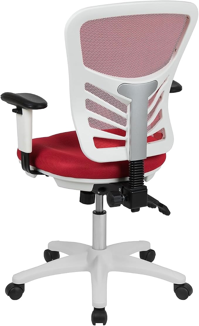 Flash Furniture Nicholas Mid-Back Red Mesh Multifunction Executive Swivel Ergonomic Office Chair with Adjustable Arms and White Frame
