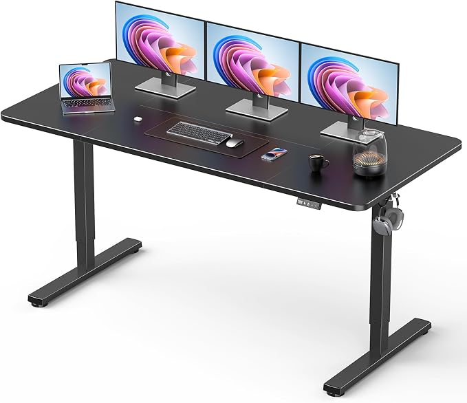 63" Electric Standing Desk Adjustable Height, Sit Stand up Desk for Home Office & Computer Workstation, 2 Memory Height Settings, Splice Board, 2 Hooks, Black Frame/Black Top