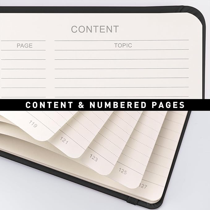 AHGXG Lined Journal Notebook, 160 Numbered Pages, A5 Medium Size (5.7'' x 8.3''), 120 GSM Thick Paper, for Men & Women, Journaling, Writing, Work & Office, Leather Hardcove (Black)